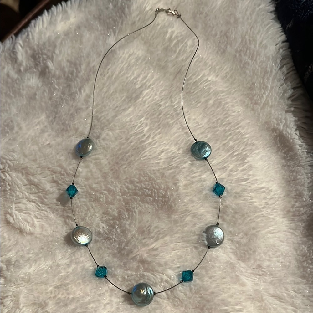 Handmade blue coin pearls & Teal Swarovski crystal Necklace